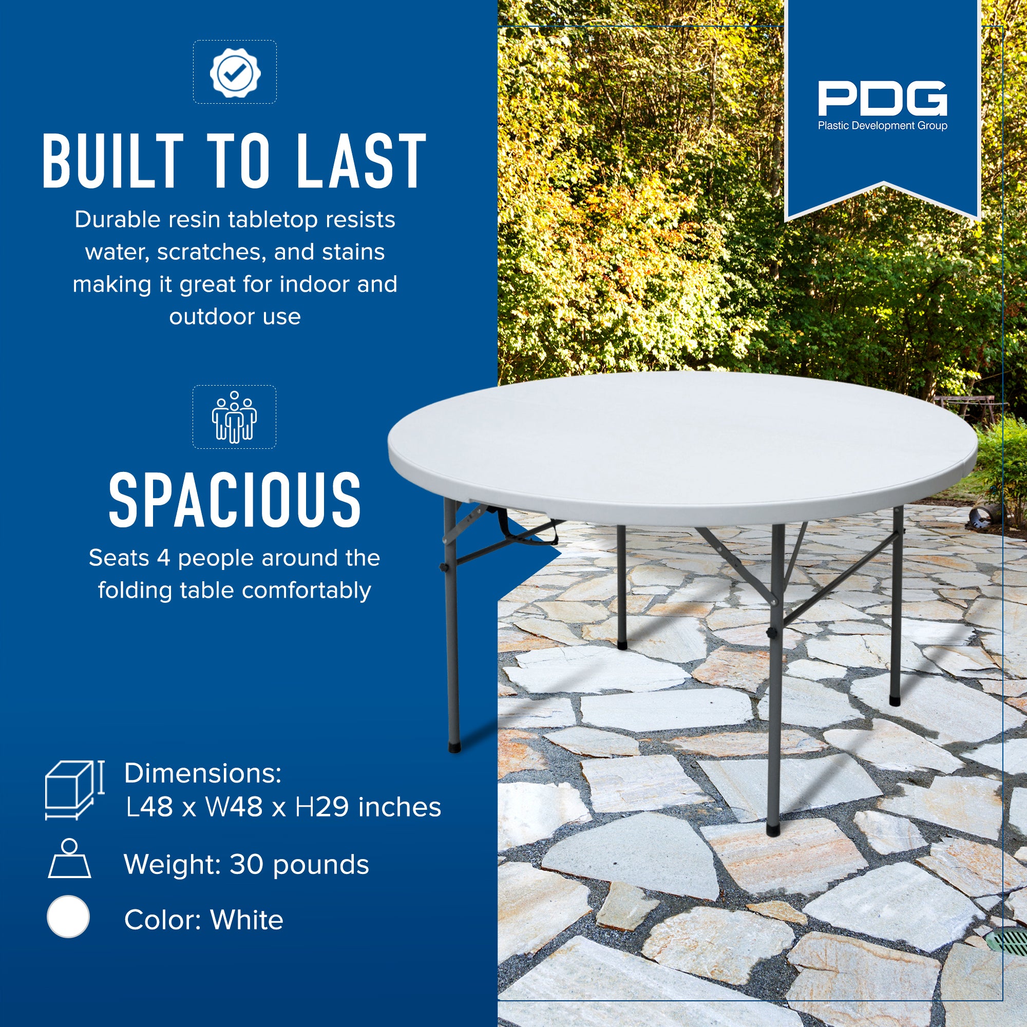 Plastic Development Group 4 Ft Round Indoor Outdoor Folding Banquet Table, White - VMInnovations