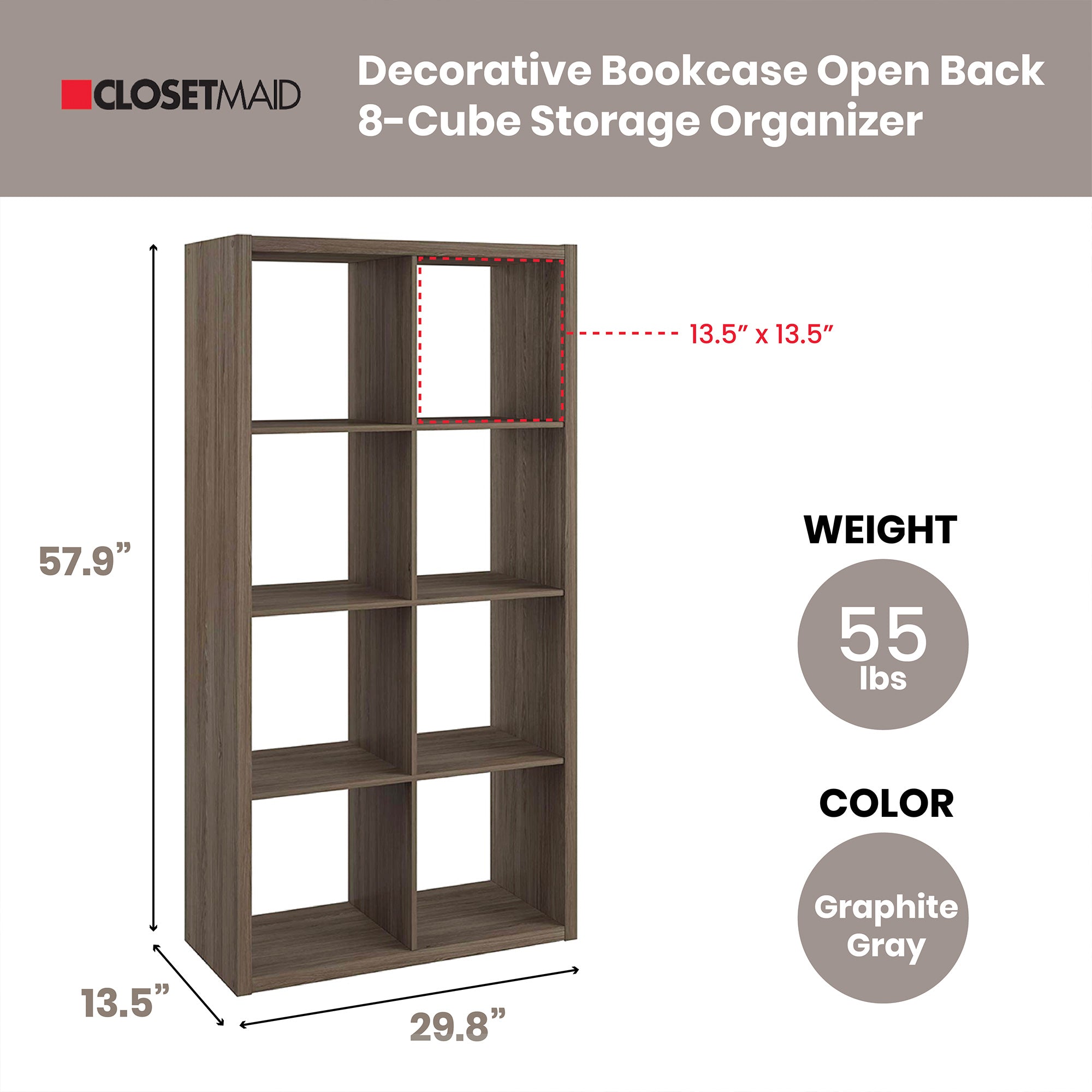 ClosetMaid Decorative Bookcase Open Back 8-Cube Storage Organizer, Graphite Gray - VMInnovations