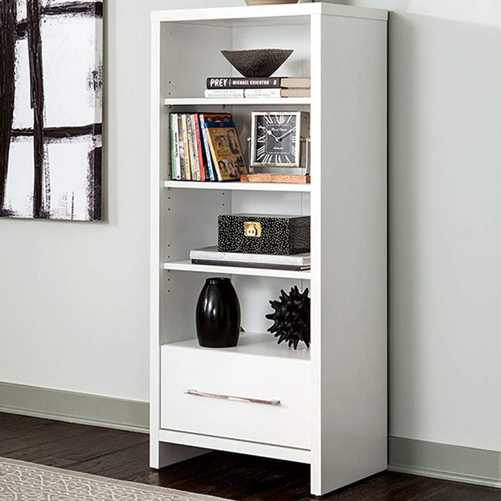Decorative Media Storage Tower Bookcase with Drawer, White (Open Box)