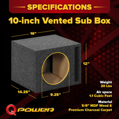 QPower QSBASS10 Single 10 Inch Vented Slot Ported Subwoofer Sub Enclosure Box - VMInnovations