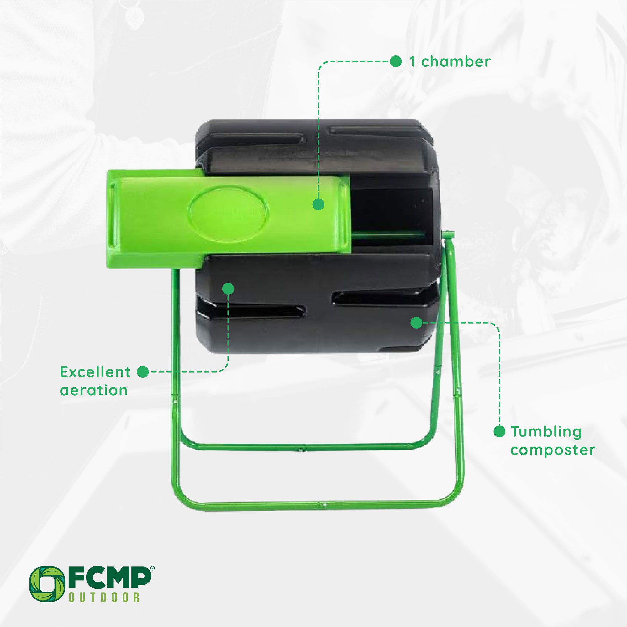 FCMP Outdoor HOTFROG 37 Gallon Plastic Single Roto Tumbling Composter Bin, Green - VMInnovations