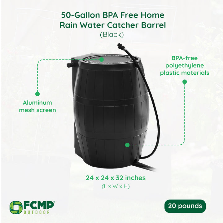 FCMP Outdoor RC4000-BLK 50-Gallon BPA Free Home Rain Water Catcher Barrel, Black