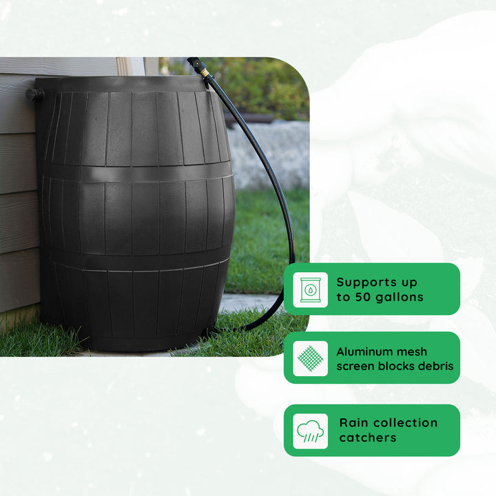 FCMP Outdoor RC4000-BLK 50-Gallon BPA Free Home Rain Water Catcher Barrel, Black