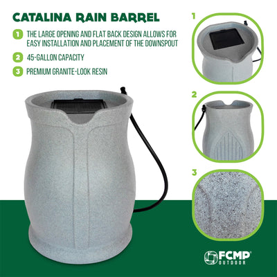 FCMP Outdoor Water Irrigation 45 Gal Catalina Rain Barrel, Light Granite (Used)