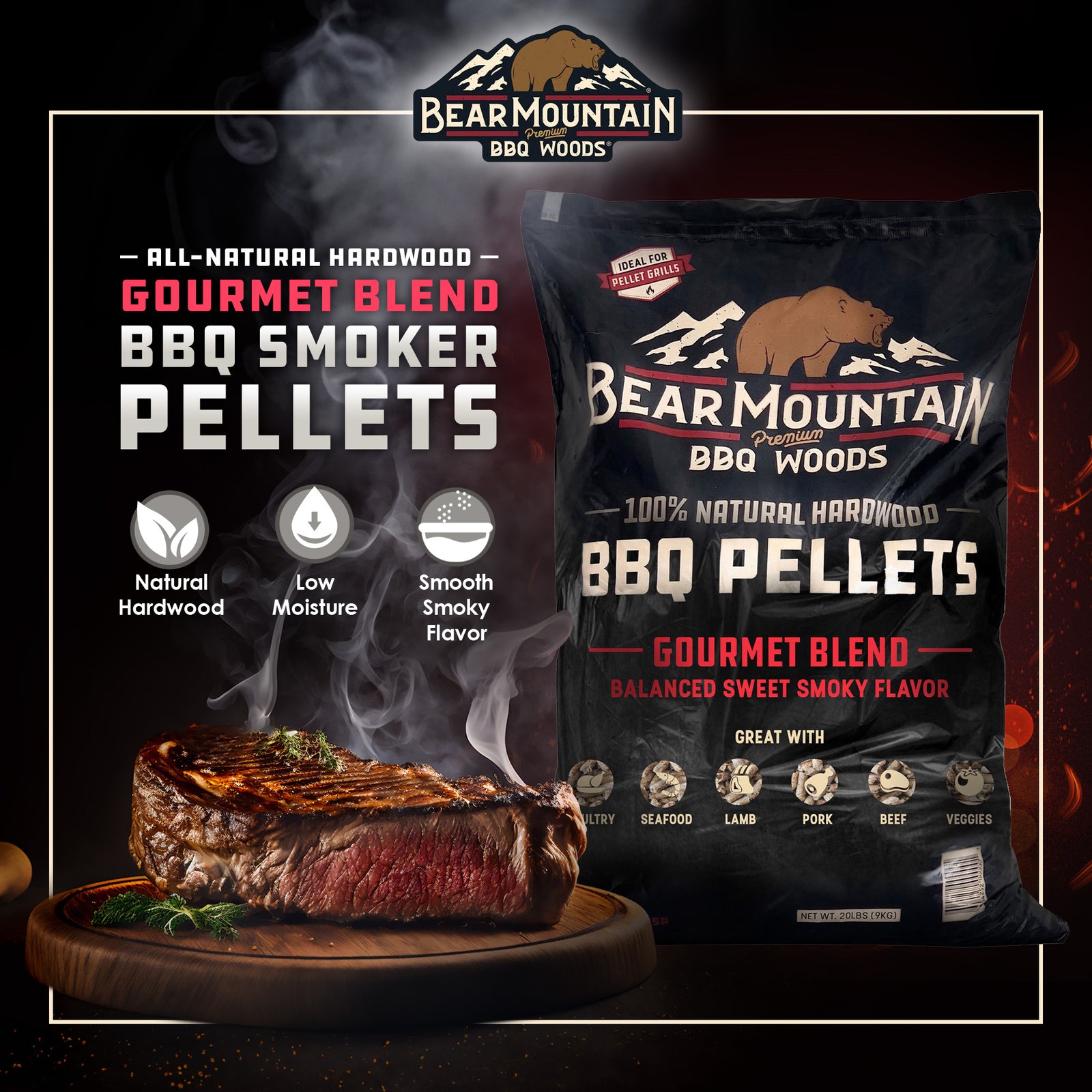 Bear Mountain BBQ All-Natural Hardwood Gourmet Blend Smoker Pellets, 20 Pounds - VMInnovations