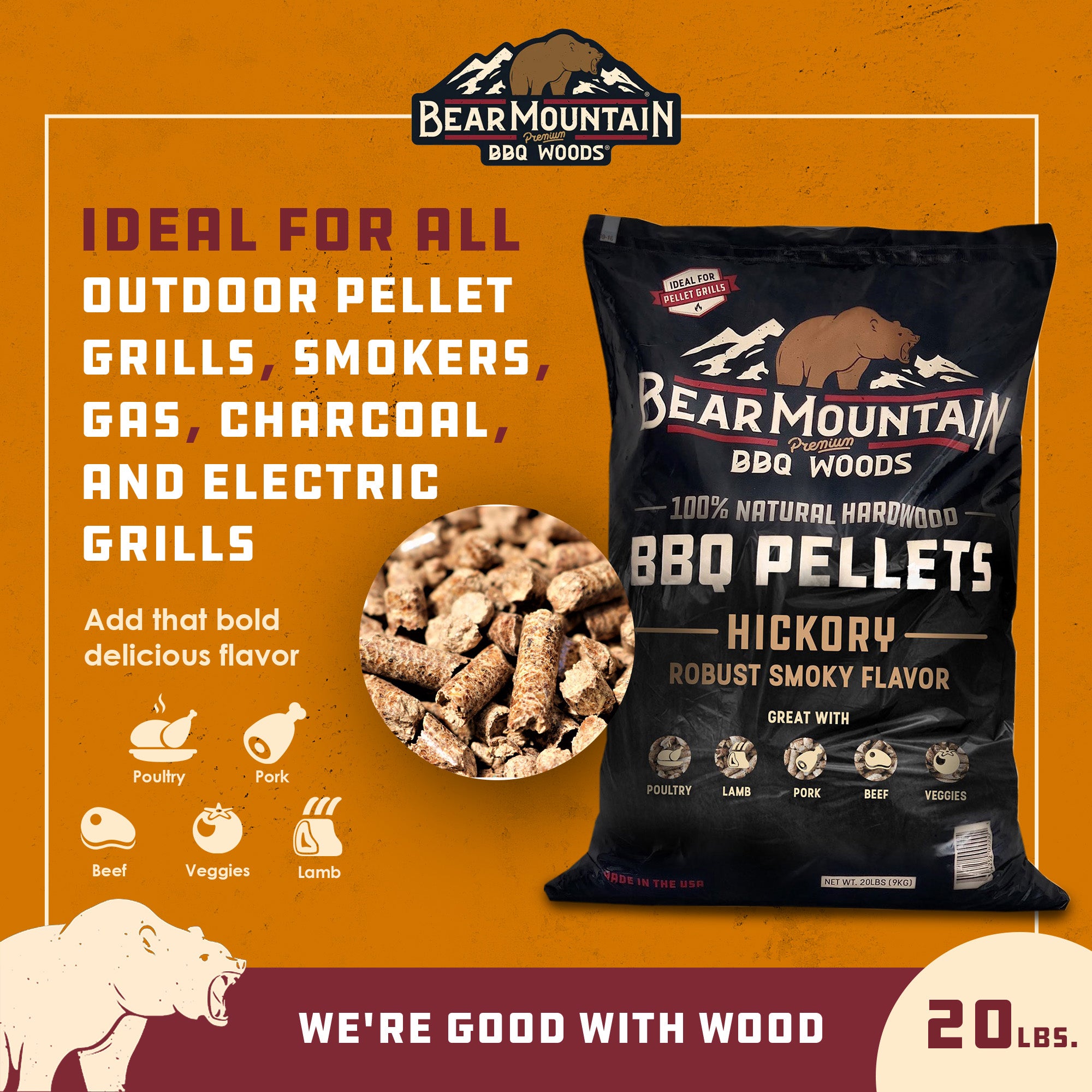 Bear Mountain BBQ All-Natural Hardwood Hickory Smoker Pellets, 20 Lb (4 Pack)