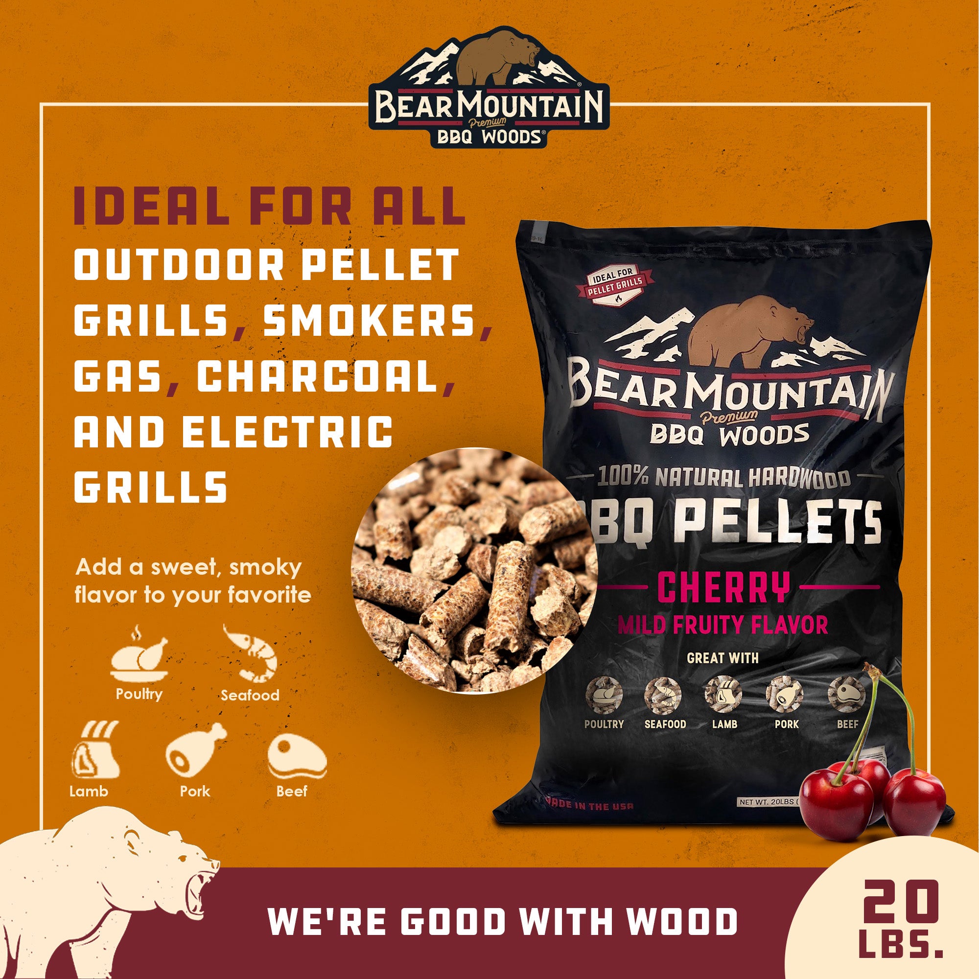 Bear Mountain BBQ All Natural Hardwood Cherry Smoker Pellets, 20 lbs (3 Pack)
