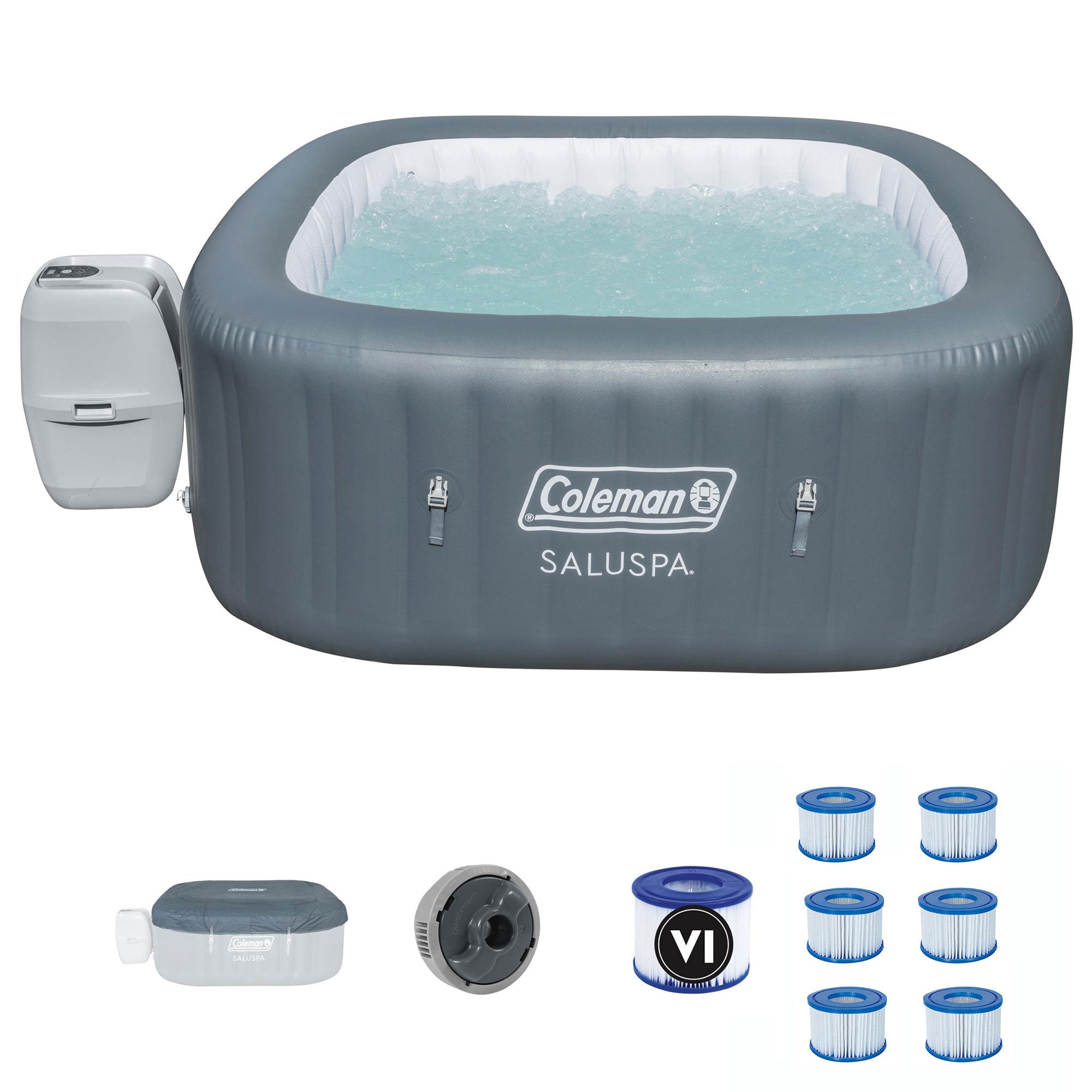 Coleman SaluSpa 4 Person Square Portable Inflatable Hot Tub & 6-Pack of Filters
