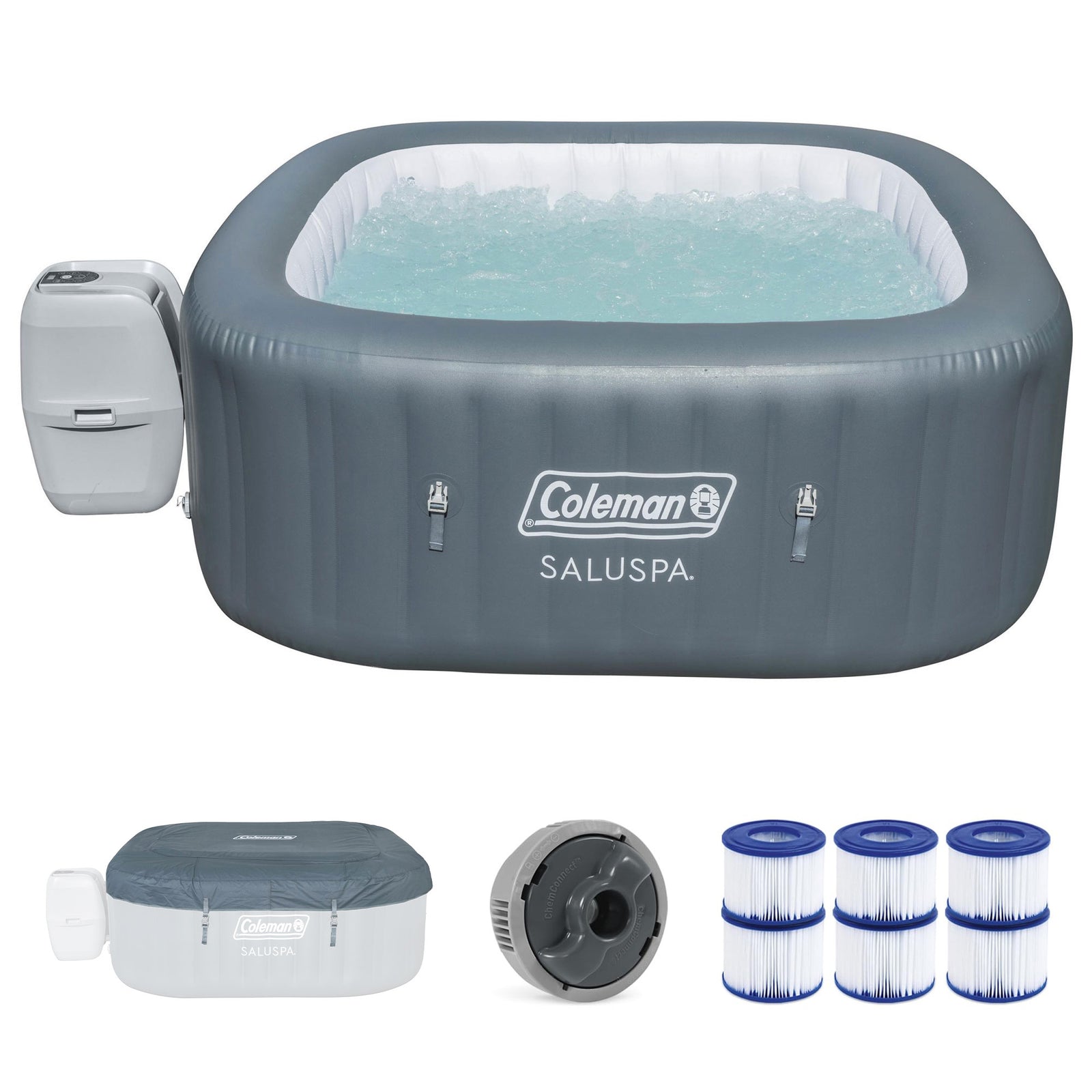 Coleman SaluSpa 4 Person Portable Inflatable Square Hot Tub & 12 Bestway Filters - VMInnovations