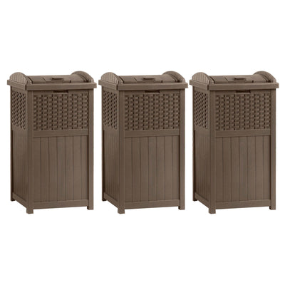 Suncast Trash Hideaway 33 Gallon Resin Wicker Outdoor Garbage Container (3 Pack)