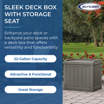 Suncast 22 Gallon Outdoor Patio Small Deck Box with Storage Seat, Stone (2 Pack) - VMInnovations