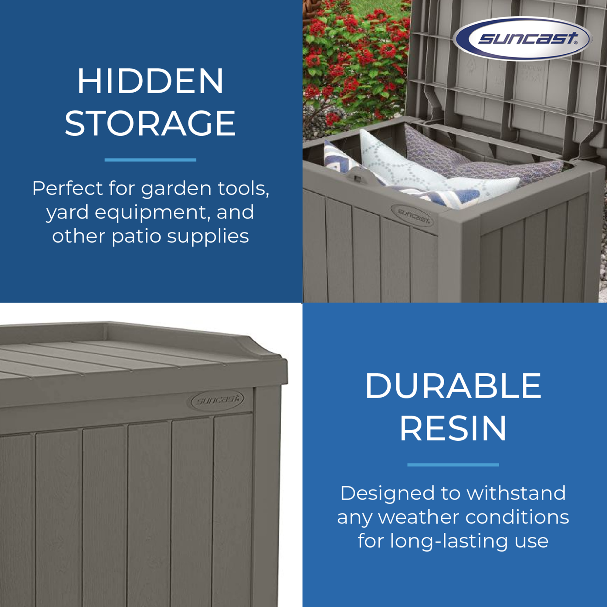 Suncast 22 Gallon Outdoor Patio Small Deck Box with Storage Seat, Stone (2 Pack) - VMInnovations