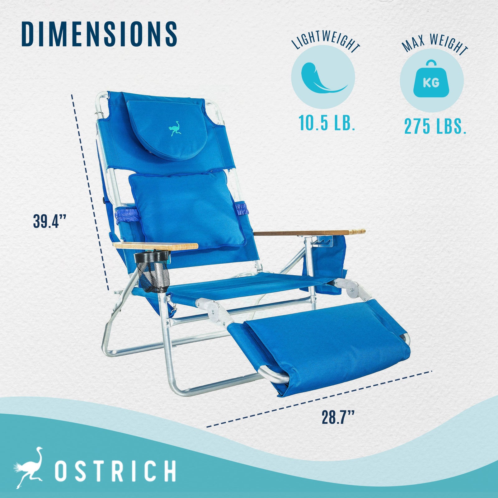 Ostrich Deluxe 3N1 Outdoor Lawn Beach Lounge Chair w/Footrest, Blue (Used) - VMInnovations