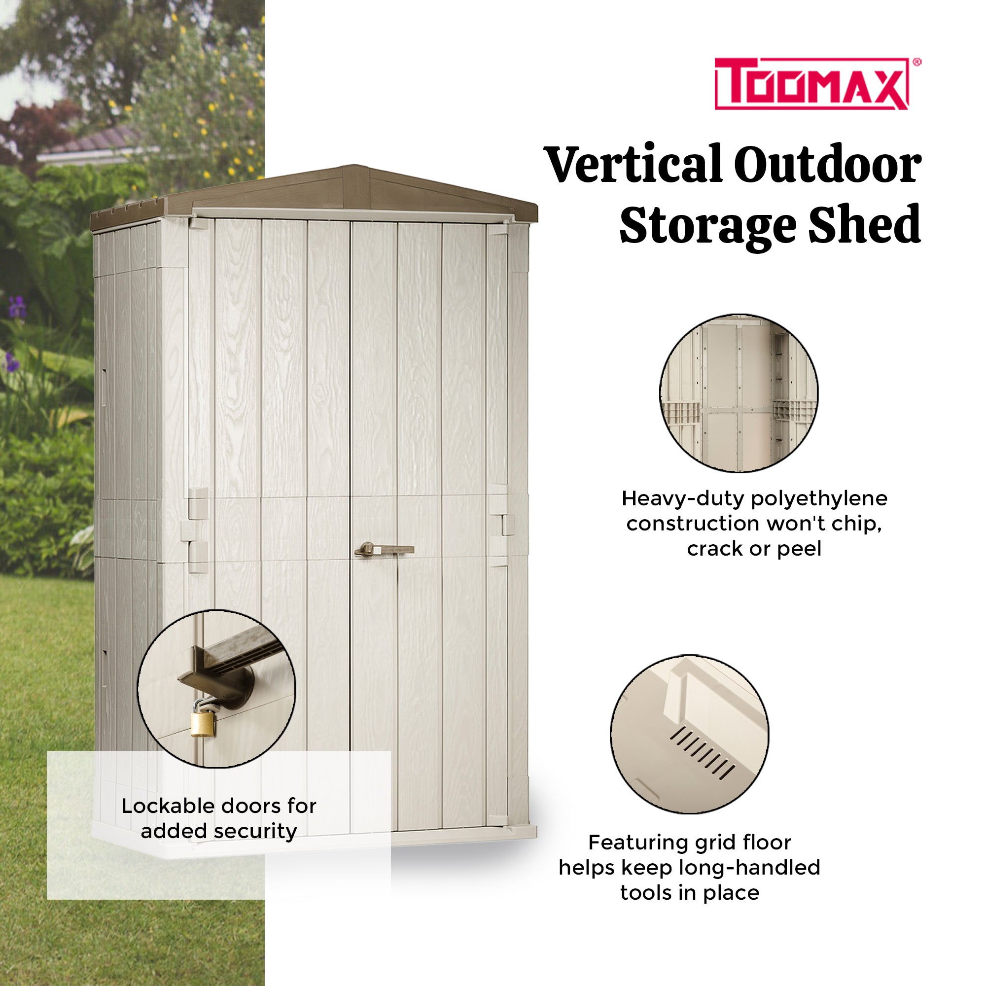 Toomax Lockable Outdoor Garden Plastic Vertical Storage Shed Cabinet, 76 Cu Ft. - VMInnovations