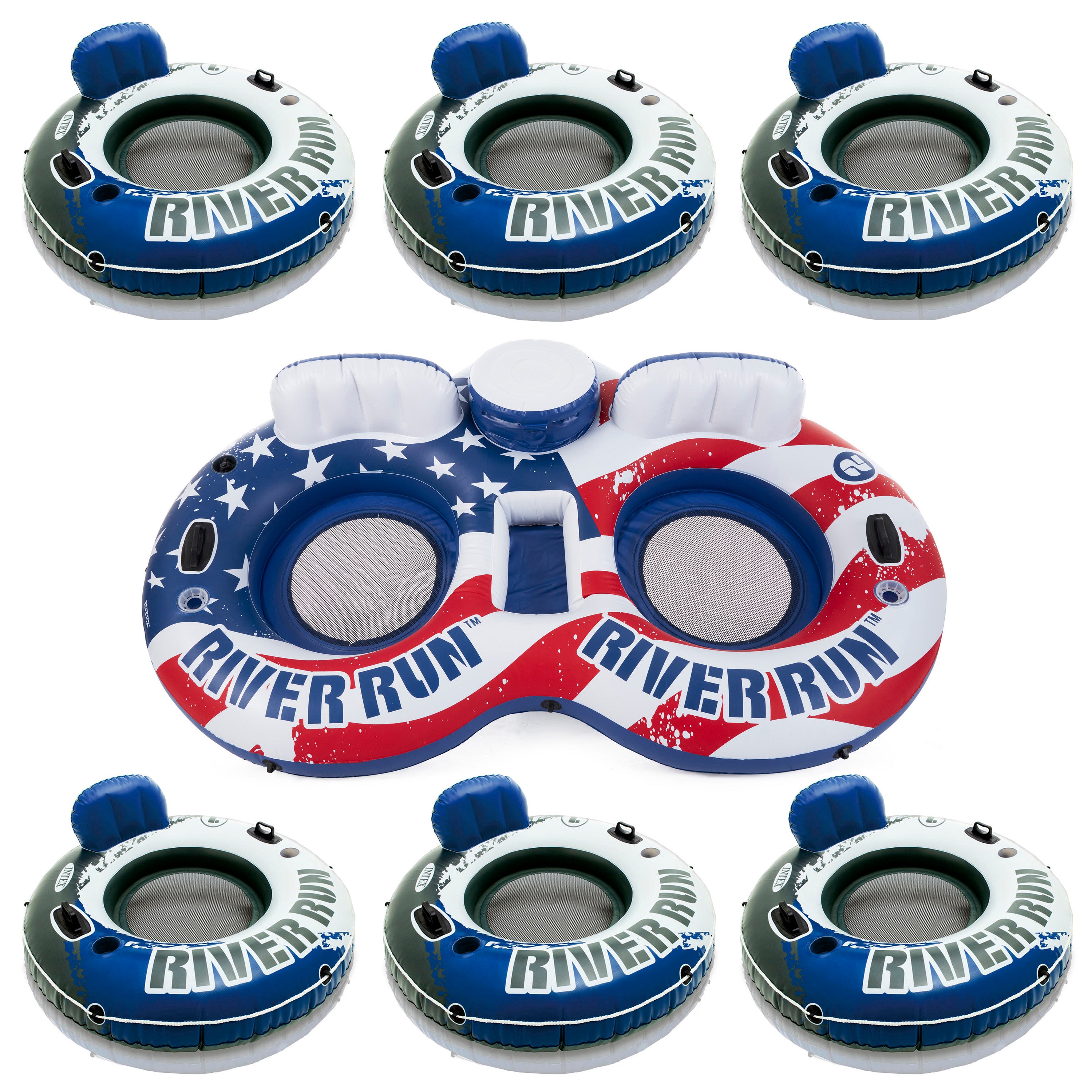 Intex American Flag 2 Person  Float w/ River Run 1 Person Tube (6 Pack)
