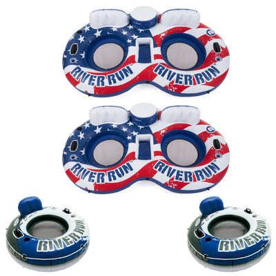 Intex American Flag 2 Person Float (2 Pack) w/ River Run 1 Person Tube (2 Pack)