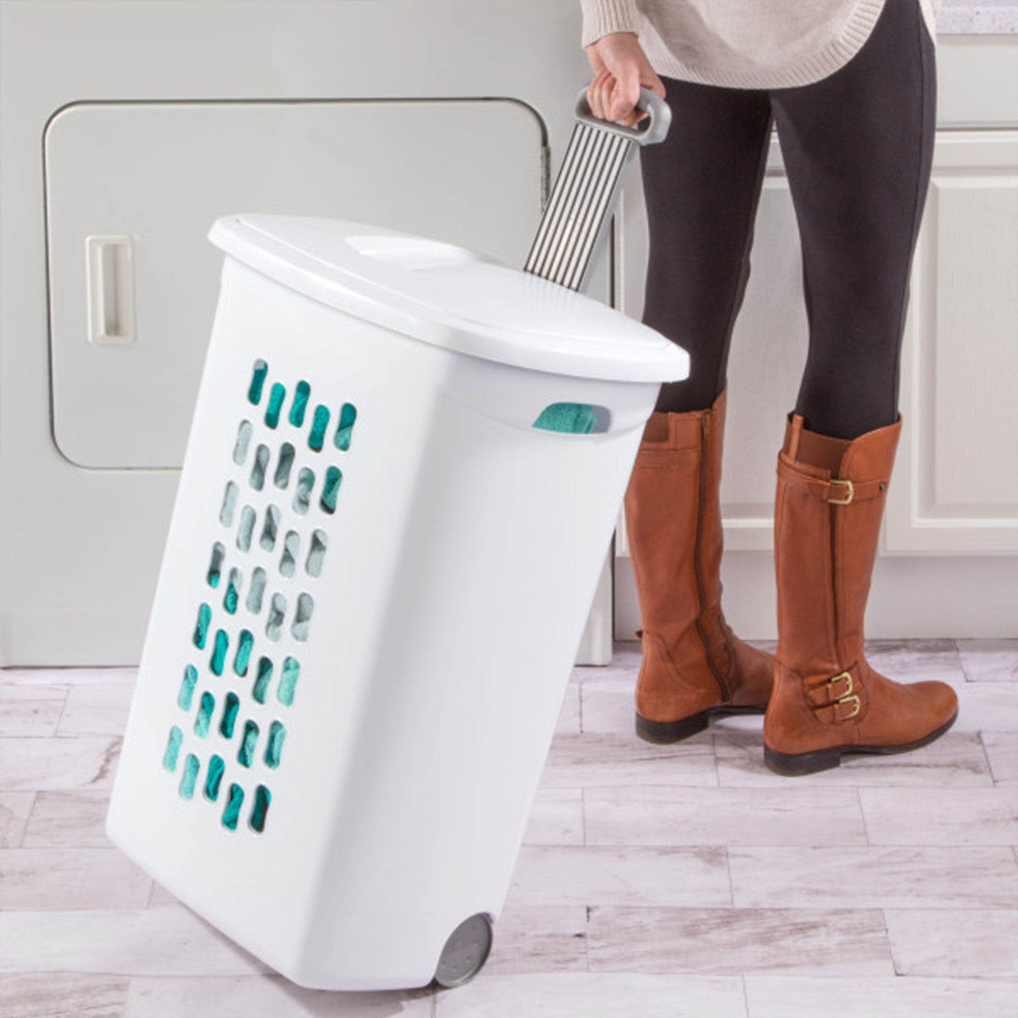Sterilite White Laundry Hamper With Lift-Top, Wheels, And Pull Handle (12 Pack)
