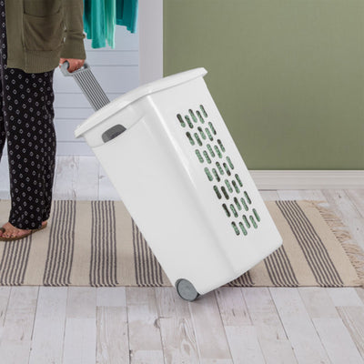 Sterilite White Laundry Hamper With Lift-Top, Wheels, And Pull Handle (12 Pack)