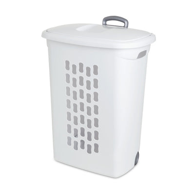 Sterilite White Laundry Hamper With Lift-Top, Wheels, And Pull Handle (12 Pack)