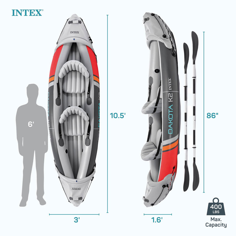 Intex Dakota K2 2 Person Vinyl Inflatable Kayak with Oars and Pump (Open Box)