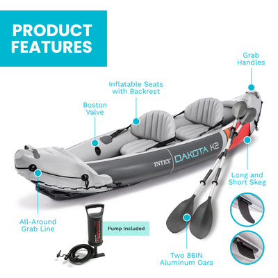Intex Dakota K2 2 Person Vinyl Inflatable Kayak and Accessory Kit w/ Oars & Pump