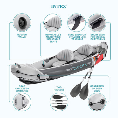 Intex Dakota K2 2 Person Vinyl Inflatable Kayak with Oars and Pump (Open Box)