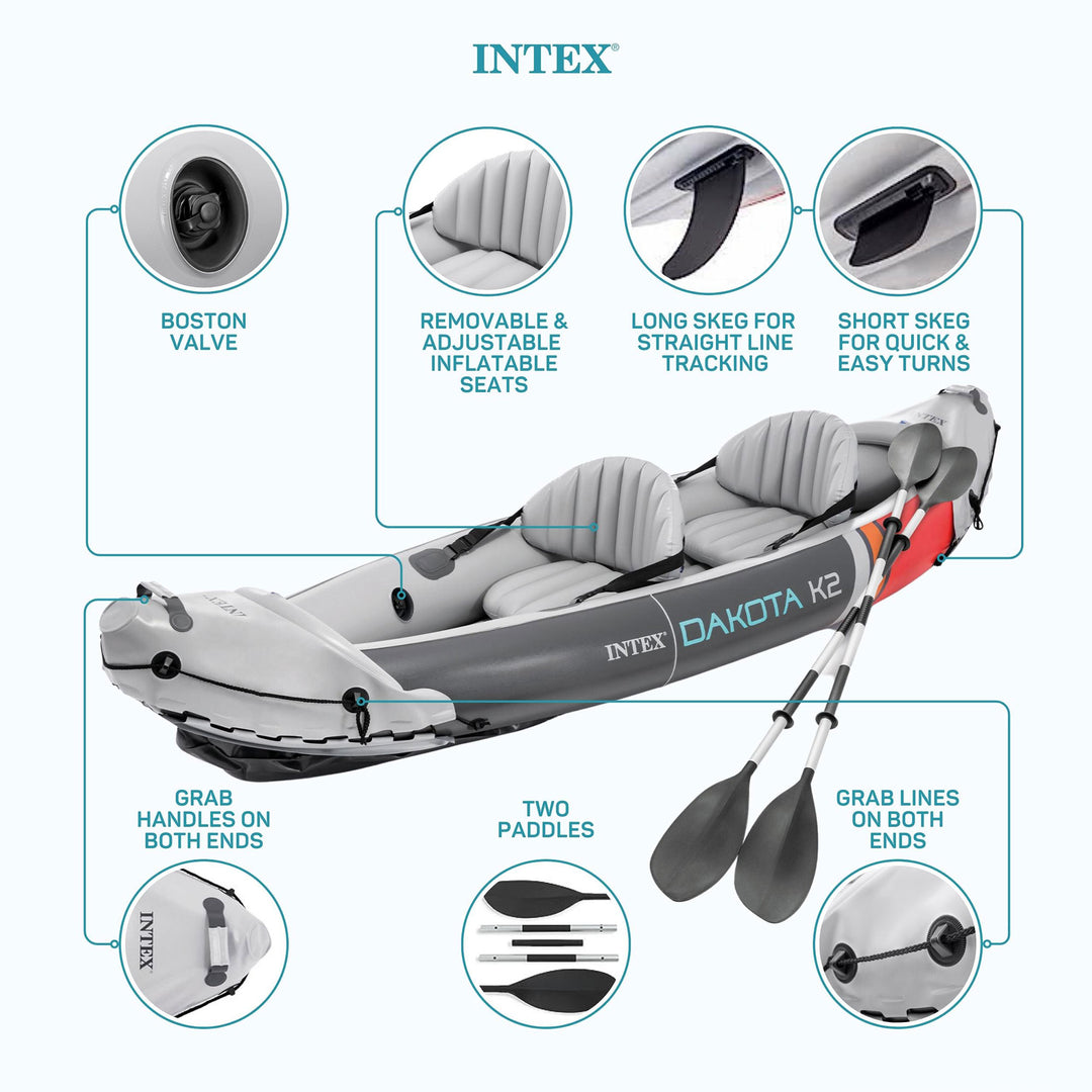 Intex Dakota K2 2 Person Vinyl Inflatable Kayak and Accessory Kit w/ Oars & Pump