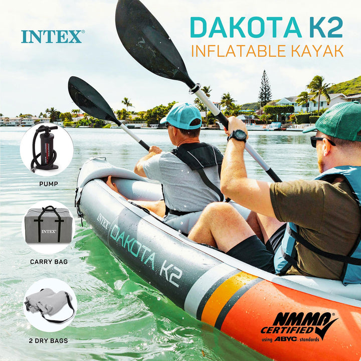 Intex Dakota K2 2 Person Vinyl Inflatable Kayak and Accessory Kit w/ Oars & Pump