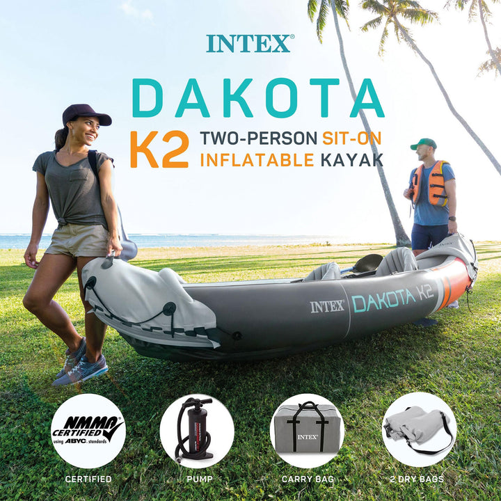 Intex Dakota K2 2 Person Vinyl Inflatable Kayak and Accessory Kit w/ Oars & Pump