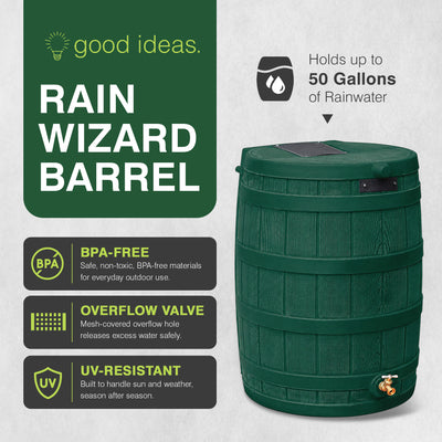 Good Ideas Rain Wizard Water Storage 50 Gal Capacity Collection Barrel, Green