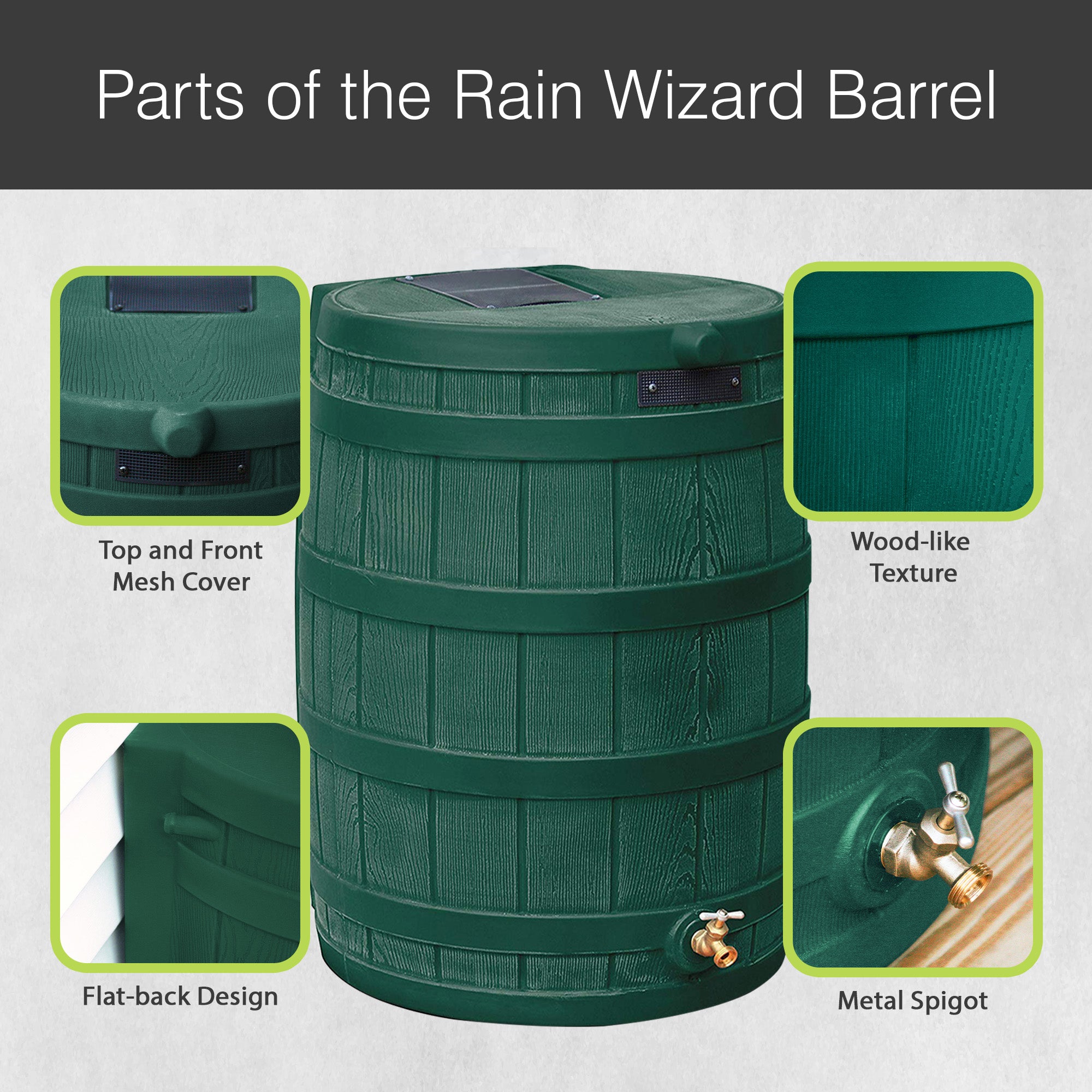 Good Ideas Rain Wizard Water Storage 50 Gal Capacity Collection Barrel, Green - VMInnovations