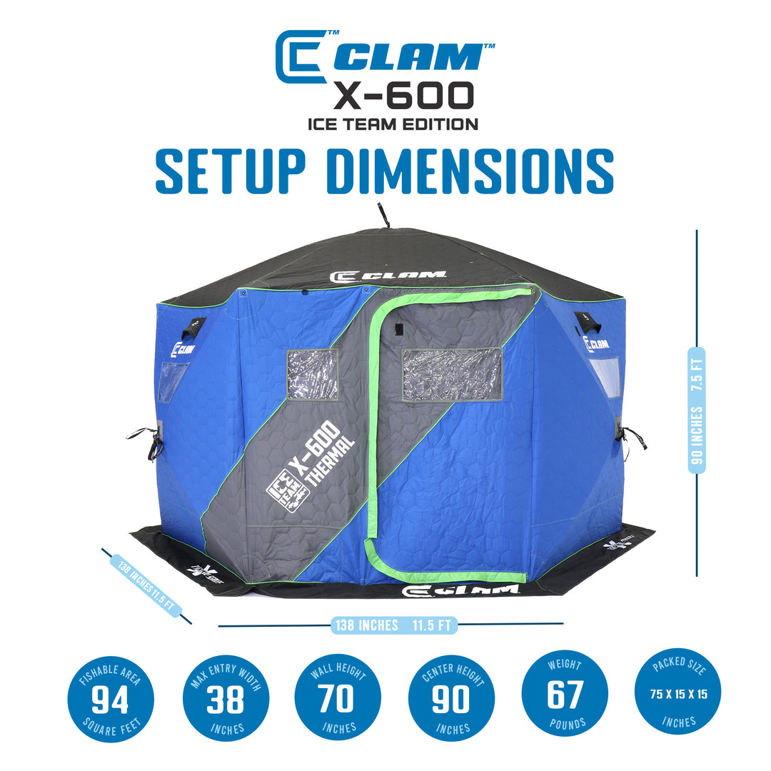 CLAM X-600 Portable 11.5' 6 Person Ice Team Thermal Hub Shelter w/Dimmable Light