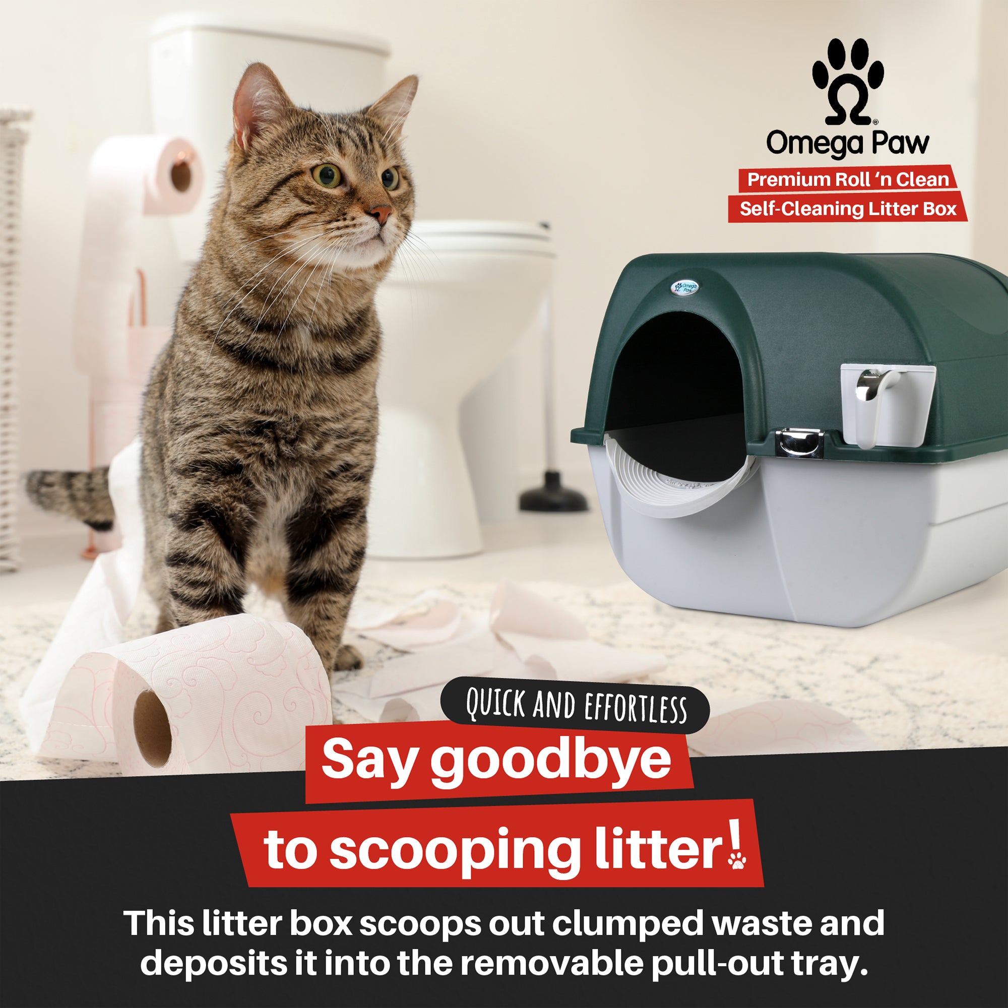 Omega Paw Roll'n Clean No Scoop Self-Cleaning Home Cat Litter Box, Green (Used) - VMInnovations