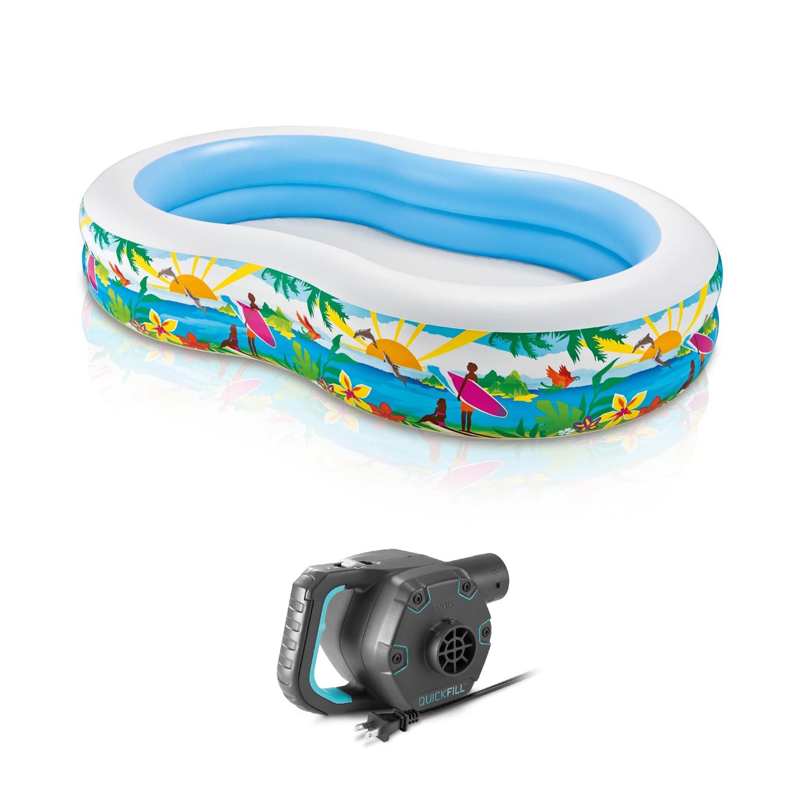 Intex 8.5’x5.25’x18” Seaside Paradise Inflatable Kiddie Pool & Electric Air Pump - VMInnovations