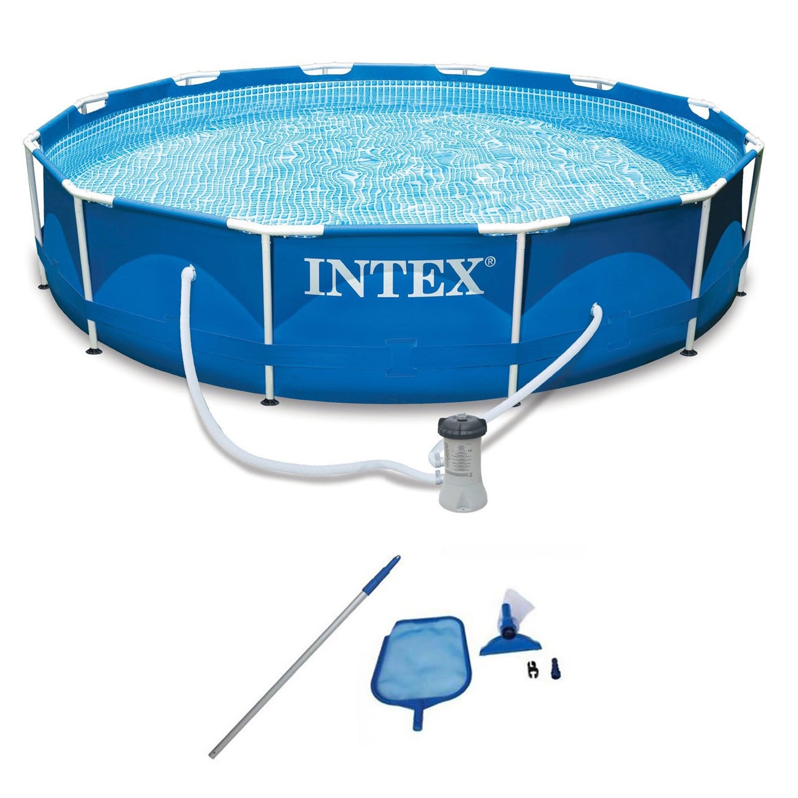 Intex 12' x 2.5' Round Pool w/ Filter Pump & Pool Cleaning Kit w/ Vacuum & Pole - VMInnovations