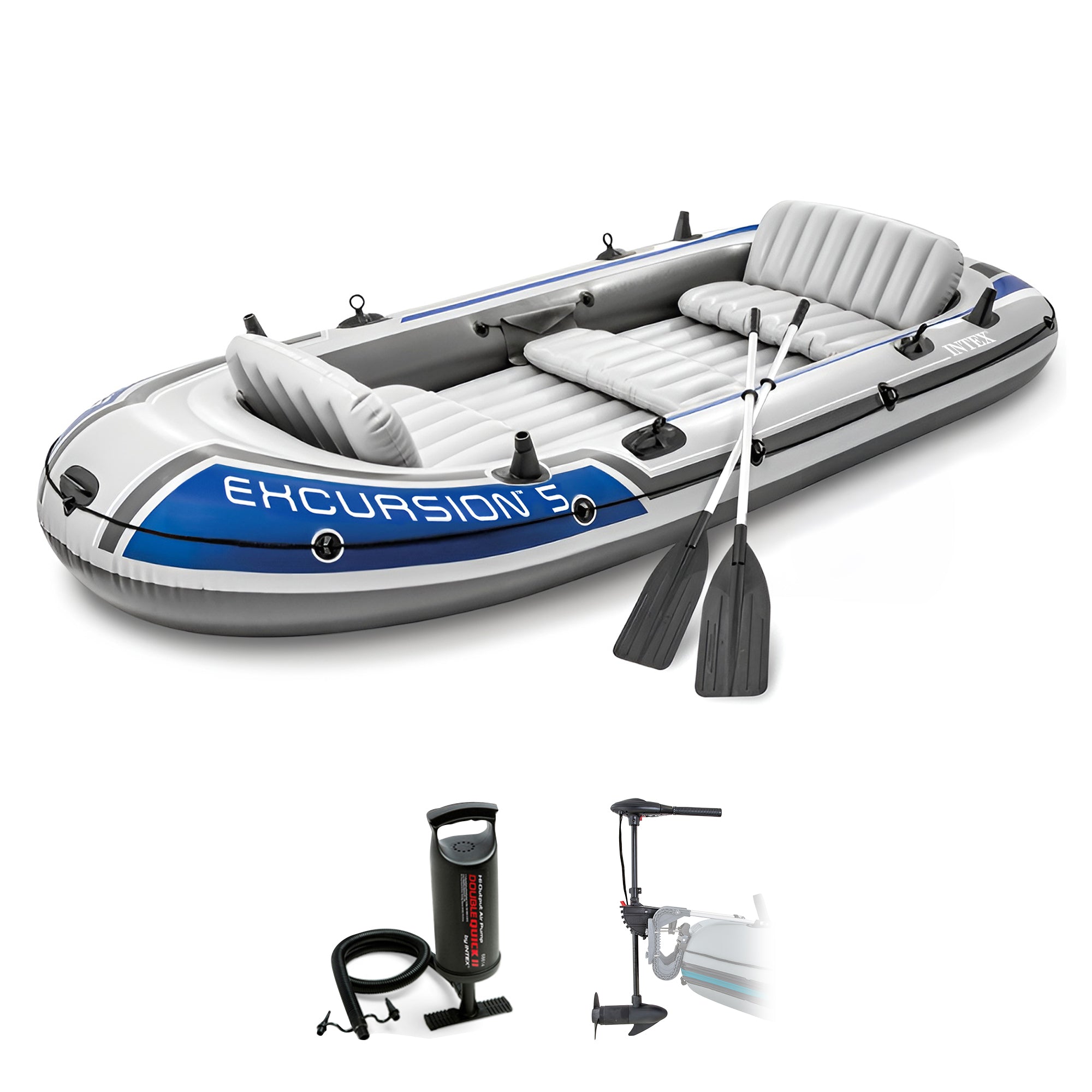 Intex Excursion 5 Inflatable Fishing Boat Set with Transom Mount Trolling Motor - VMInnovations