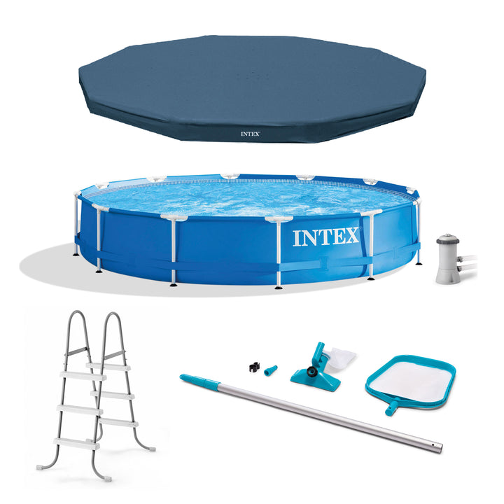 Intex 12 x 2.5 Foot Metal Frame Above Ground Pool with Filter and Accessories