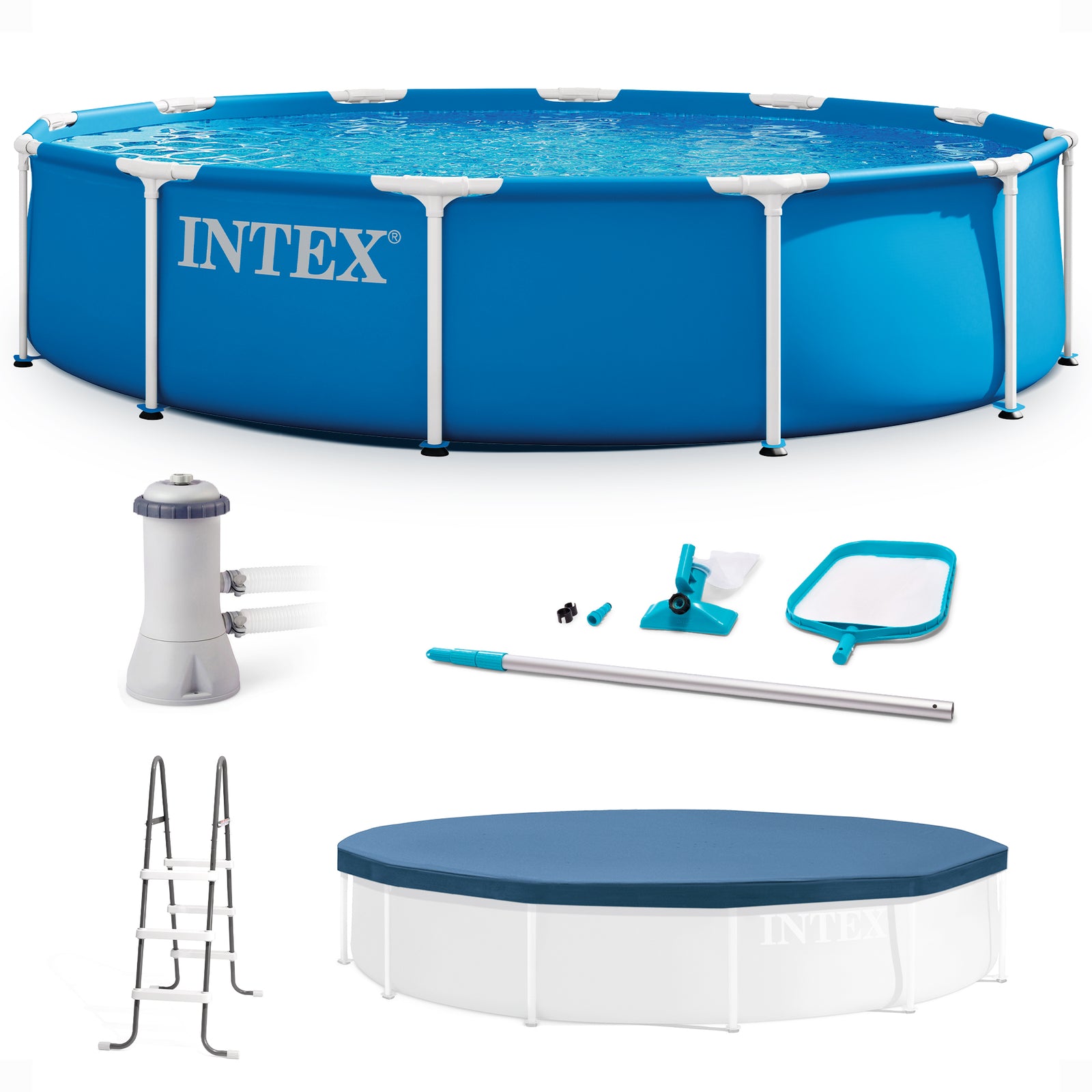 Intex 12 x 2.5 Foot Metal Frame Above Ground Pool with Filter and Accessories - VMInnovations