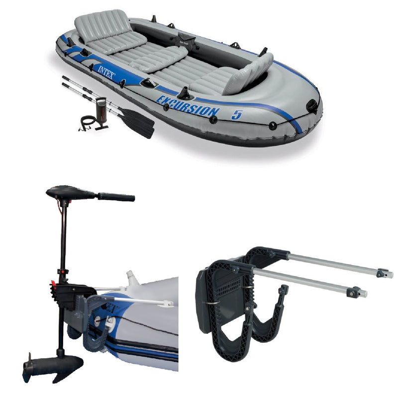 Intex 5 Person Inflatable Fishing Boat, Trolling Motor and Boat Motor Mount Kit