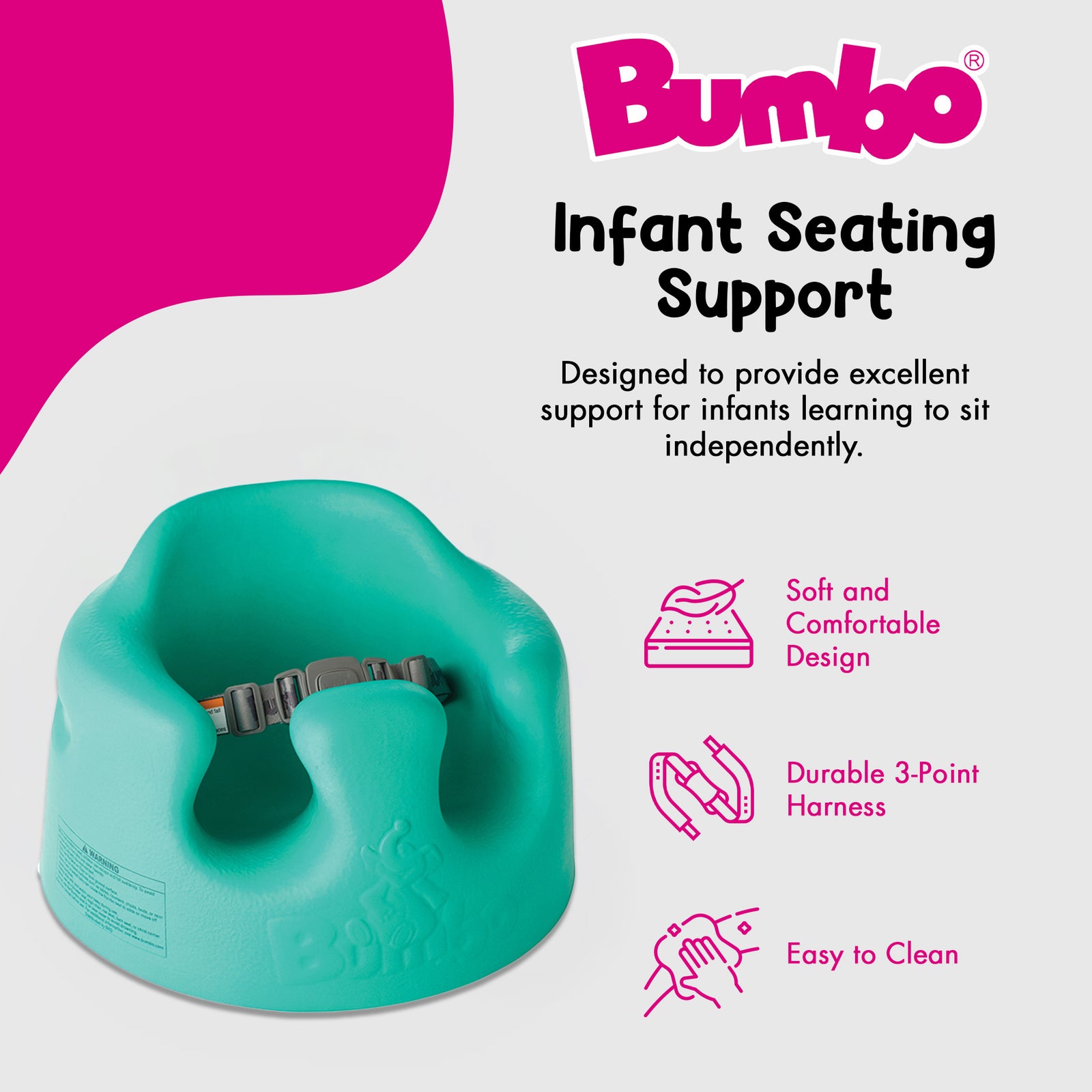 Bumbo Infant Floor Seat Baby Sit Up Chair with Adjustable Safety Harness, Aqua - VMInnovations