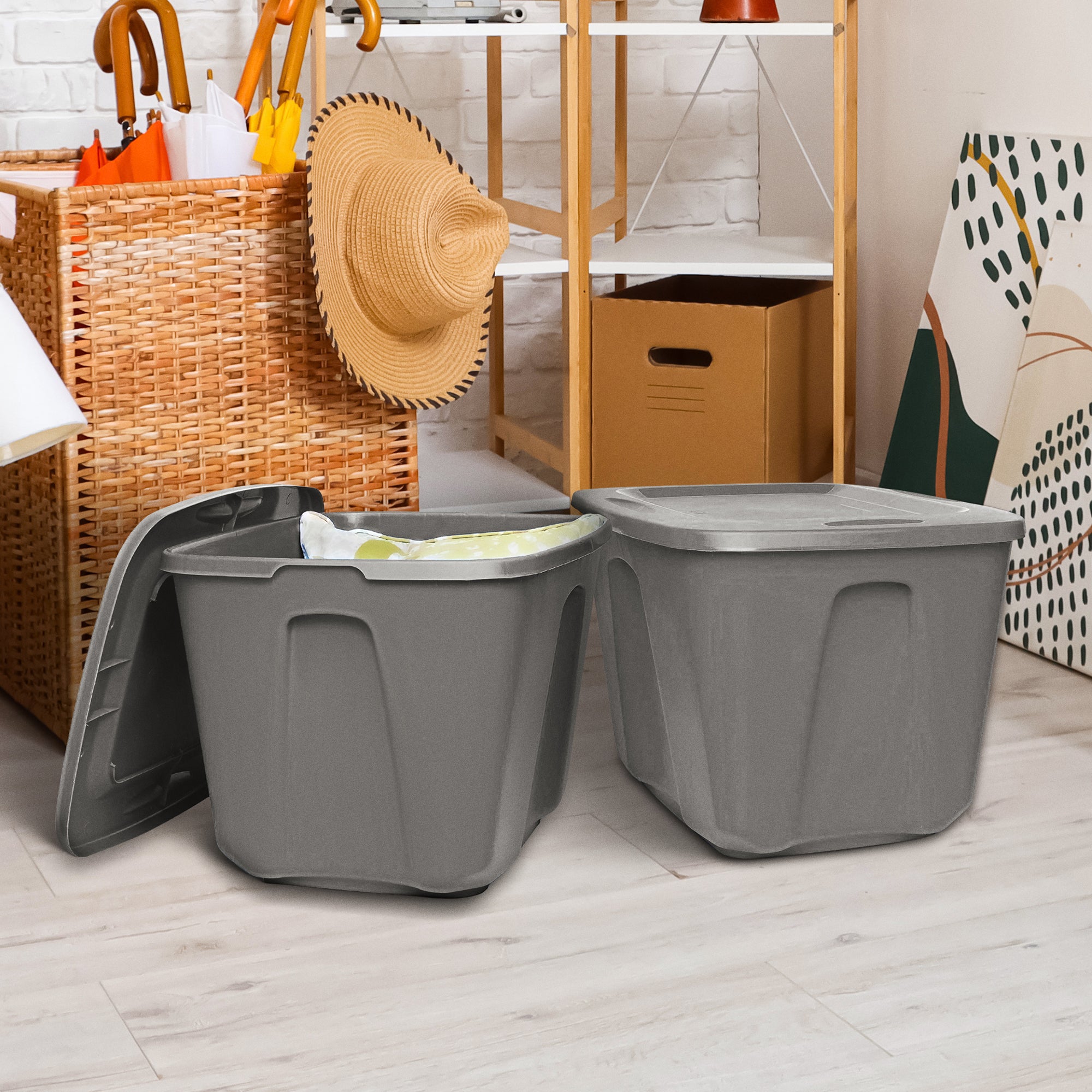 Homz 18-Gallon Stackable Plastic Storage Tote Box Container w/ Snap-On Lid, Grey