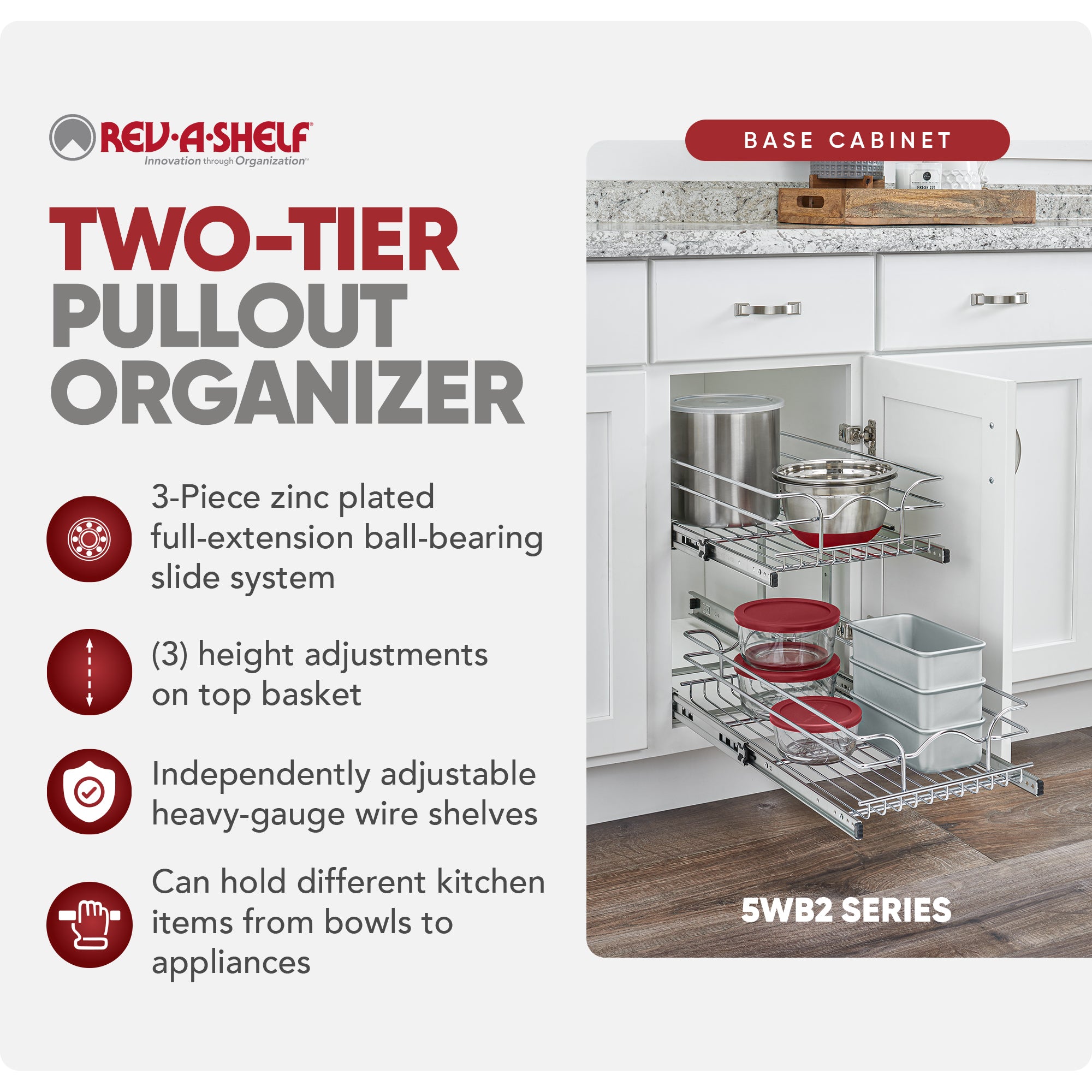 Rev-A-Shelf Pullout 2-Tier Basket Organizer for Kitchen or Vanity Cabinets, 9 x 18 In, 5WB2-0918CR-1 - VMInnovations