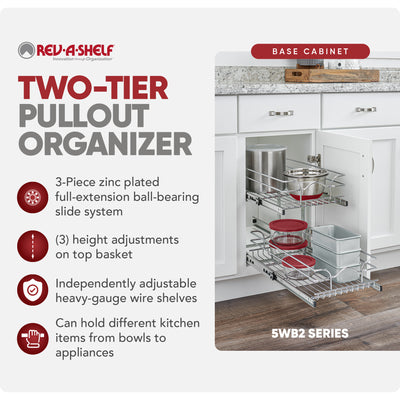 Rev-A-Shelf Pullout 2-Tier Basket Organizer for Kitchen or Vanity Cabinets, 9 x 18 In, 5WB2-0918CR-1 - VMInnovations