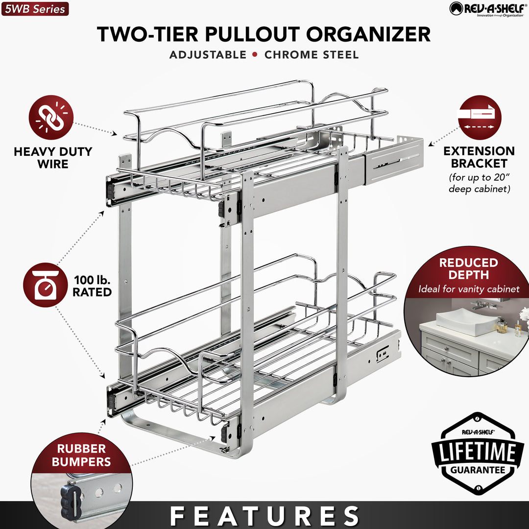 Rev-A-Shelf Pullout 2-Tier Basket Organizer for Kitchen or Vanity Cabinets, 9 x 18 In, 5WB2-0918CR-1