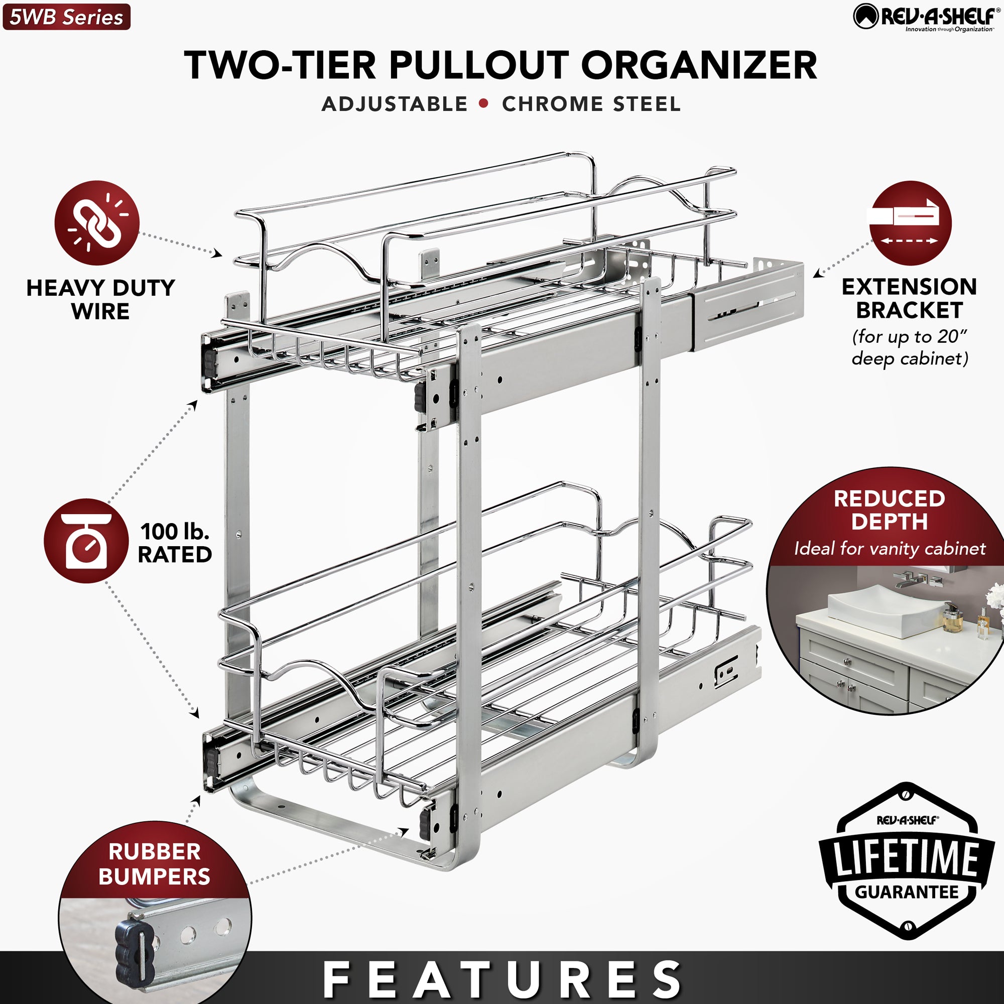 Rev-A-Shelf 5WB2-1218CR-1 12"x18" 2-Tier Storage Wire Basket, Chrome (Open Box)