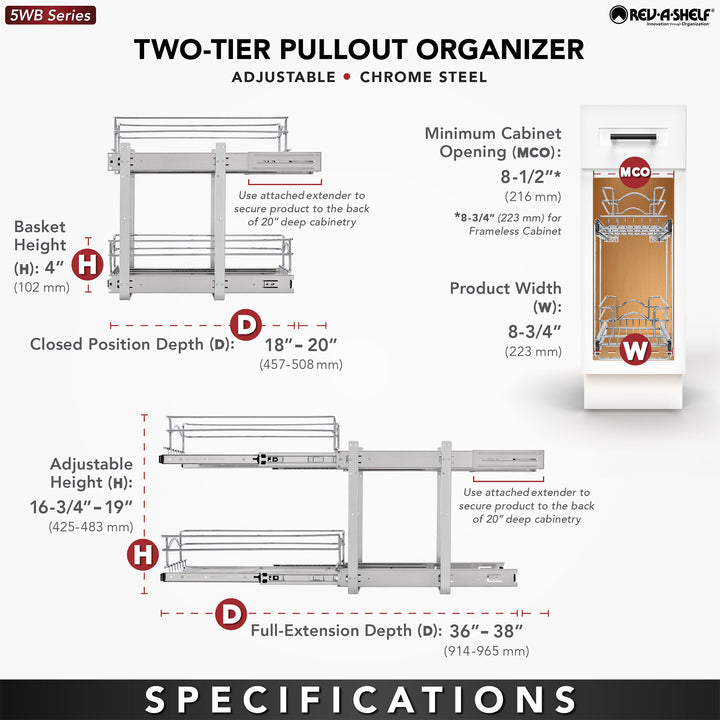 Rev-A-Shelf Kitchen Cabinet Pullout Shelf Organizer, 9 x 18 In, 5WB2-0918CR-1