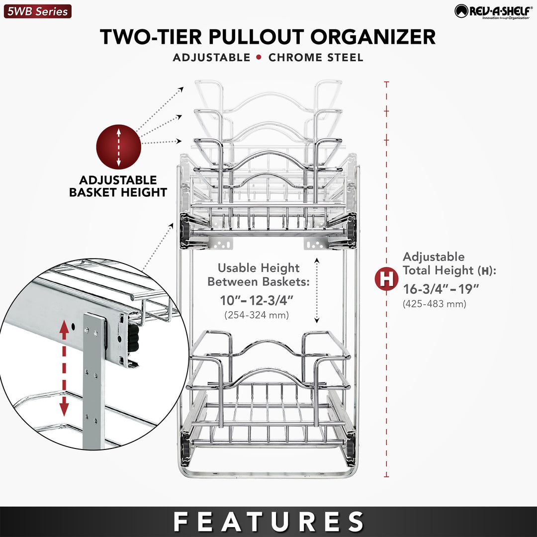 Rev-A-Shelf Pullout 2-Tier Basket Organizer for Kitchen or Vanity Cabinets, 9 x 18 In, 5WB2-0918CR-1