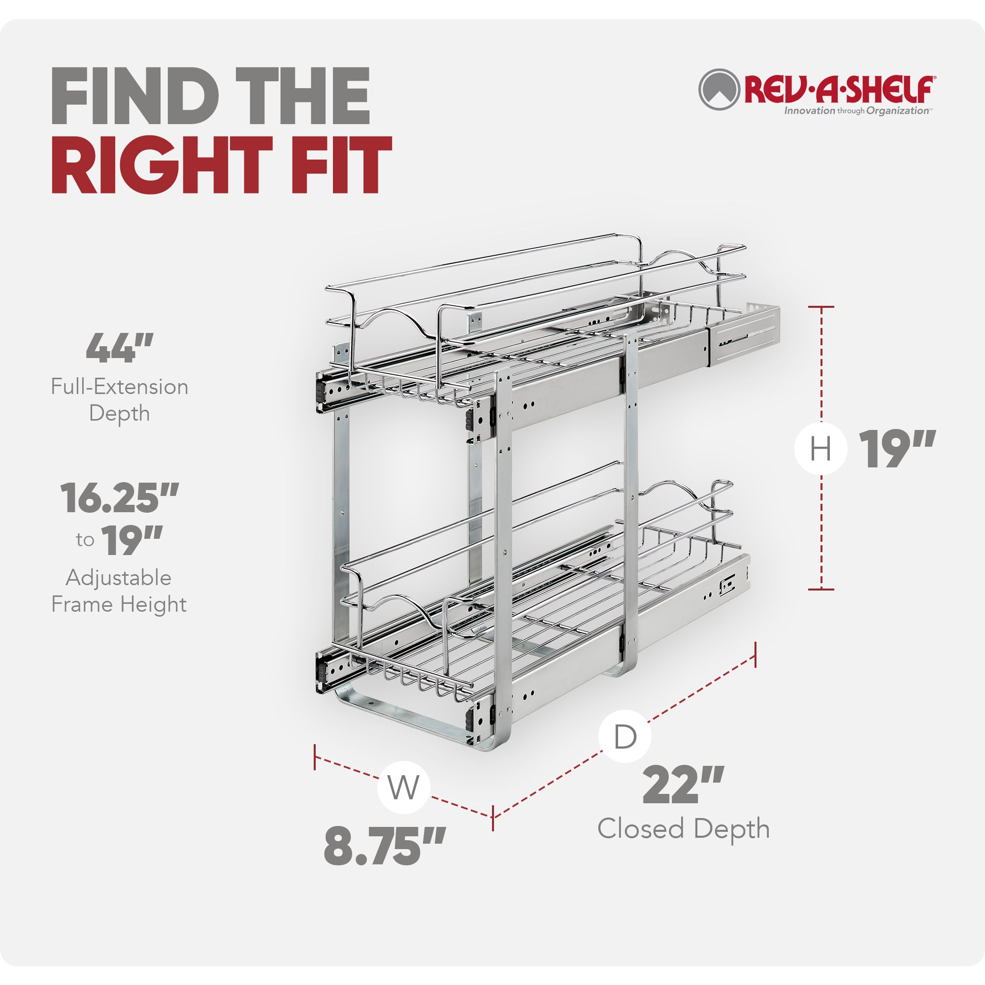 Rev-A-Shelf Pullout 2-Tier Basket Organizer for Kitchen or Vanity Cabinets, 9 x 22 In, 5WB2-0922CR-1 - VMInnovations