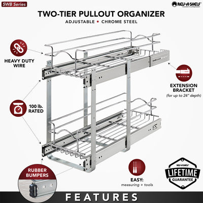 Rev-A-Shelf Pullout 2-Tier Basket Organizer for Kitchen or Vanity Cabinets, 9 x 22 In, 5WB2-0922CR-1