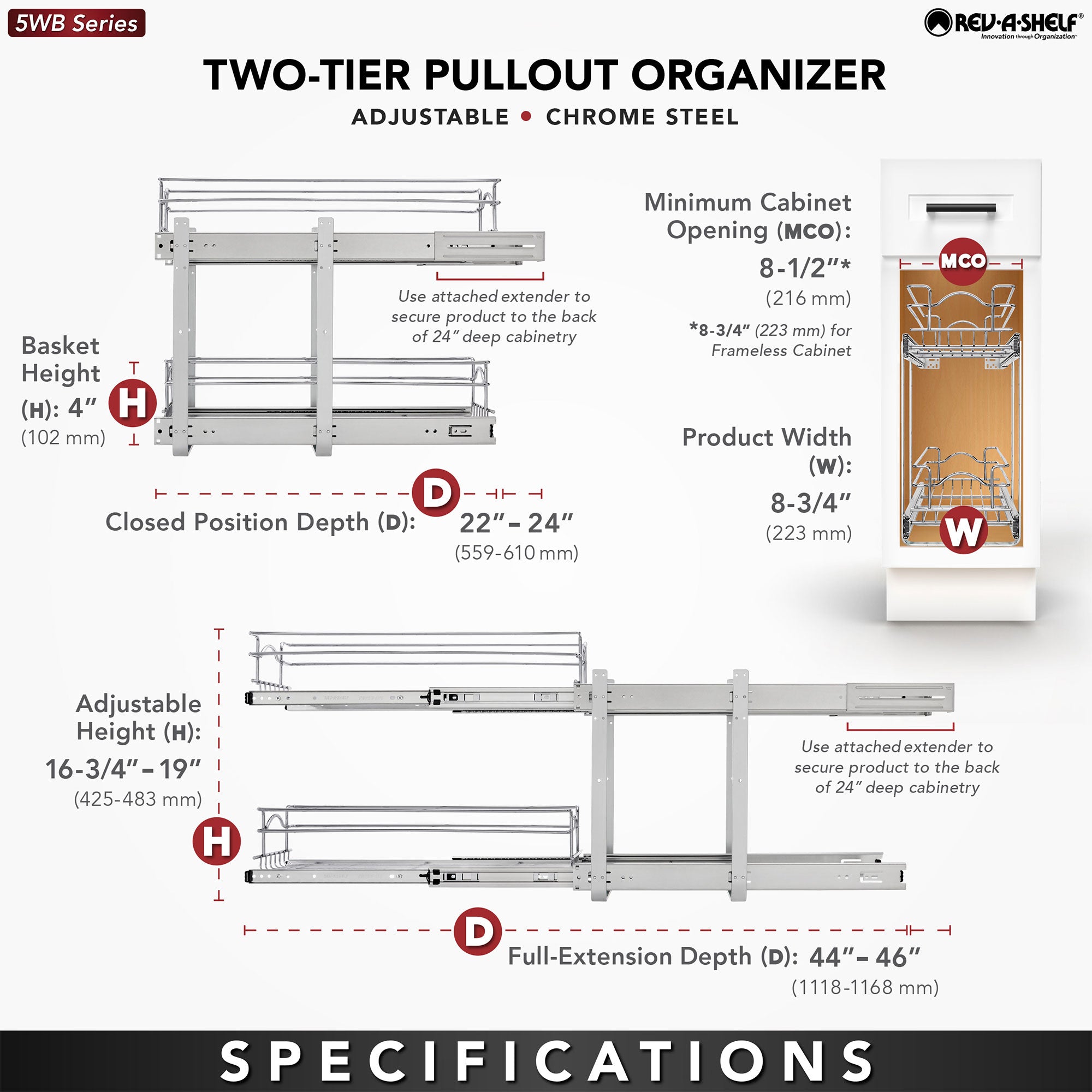 Rev-A-Shelf Pullout 2-Tier Basket Organizer for Kitchen or Vanity Cabinets, 9 x 22 In, 5WB2-0922CR-1